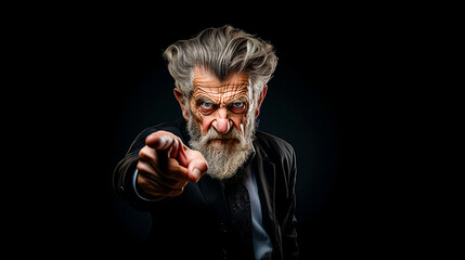 Portrait of a serious senior man pointing with index finger