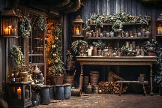 Old pantry with materials, foods and containers from long ago with christmas decorations