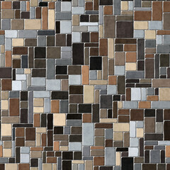 Rectangular tile flooring. Geometric design with multicolored rectangles in different shades of brown, gray, and yellow. Seamless repeating pattern. Great as a background or texture.