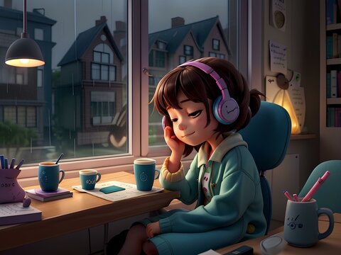 Cozy Rainy Day: Woman Enjoying Coffee, Book, and Lofi Music for Stress Relief..