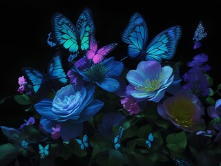 Glowing Bioluminescent Butterfly and Neon Flower Bouquet in the Dark