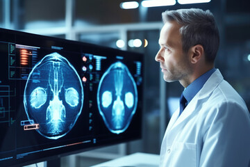Doctor radiologist looking at MRI or CT scan images on monitor, trying to diagnose disease. - obrazy, fototapety, plakaty