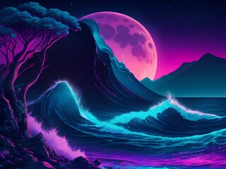 Moonlit Dreamscapes: Psychedelic Waves and Majestic Mountains