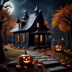 Haunted House in the woods. Halloween pumpkin head jack lantern with burning candles, Spooky Forest with a full moon and wooden table, Pumpkins In Graveyard In The Spooky Night - Halloween Backdrop. 