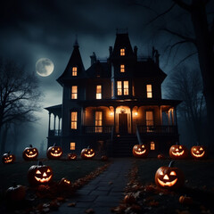 Halloween background with castle and pumpkins lining a pathway. Scary full moon illustration.