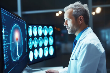 Doctor radiologist looking at MRI or CT scan images on monitor, trying to diagnose disease.