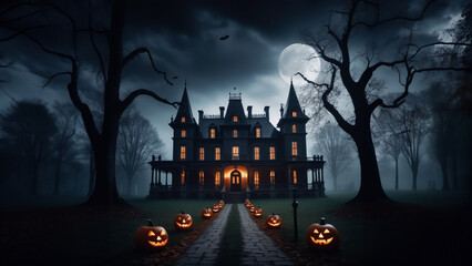 Haunted House in the woods. Halloween pumpkin head jack lantern with burning candles, Spooky Forest with a full moon and wooden table, Pumpkins In Graveyard In The Spooky Night - Halloween Backdrop. 