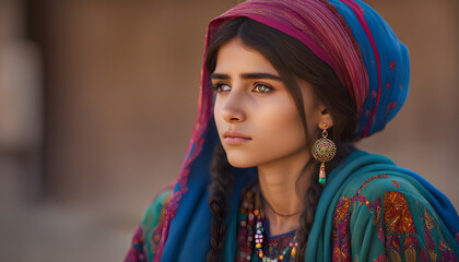 Afghan girl wear traditional dress in history background ai generated - obrazy, fototapety, plakaty