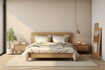Bedroom with beige room and natural wooden furniture, Scandinavian style, 3D render. Generative AI