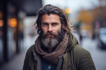 Portrait of a handsome man with long beard and mustache in the city
