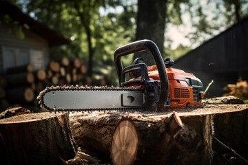 Chainsaw in the concept of preparing firewood for the winter. Background with selective focus and copy space - obrazy, fototapety, plakaty
