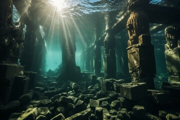 Legendary Atlantis. The sunken continent of an ancient highly developed civilization. Underwater historical discoveries - obrazy, fototapety, plakaty