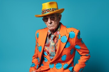 Portrait of an old man in orange jacket and hat on blue background