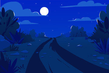 Vector illustration of desert night landscape with road, in cartoon flat style