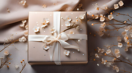 gift box with ribbon on wedding background