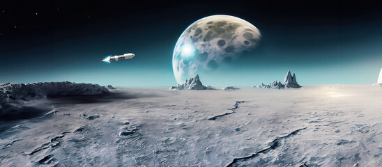 superficie desolata di un pianeta alieno con gigantesca luna sullo sfondo e razzo in partenza