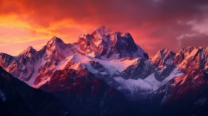 Foto op Canvas Free Photo of A breathtaking mountain landscape at sunset with snow-capped peaks, a fiery sky. © CREATIVE STOCK