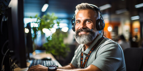 portrait of Computer Support Specialist, who Provide technical assistance to computer system users. Answer questions or resolve computer problems for clients - obrazy, fototapety, plakaty