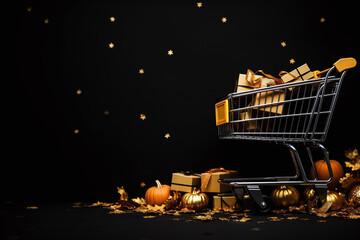Black Friday Sale Horizontal Banner with Dark Shiny shopping cart and gifts boxes 