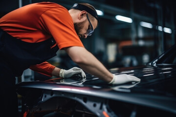Male worker working in the car factory. Car manufacturer, automobile production - obrazy, fototapety, plakaty