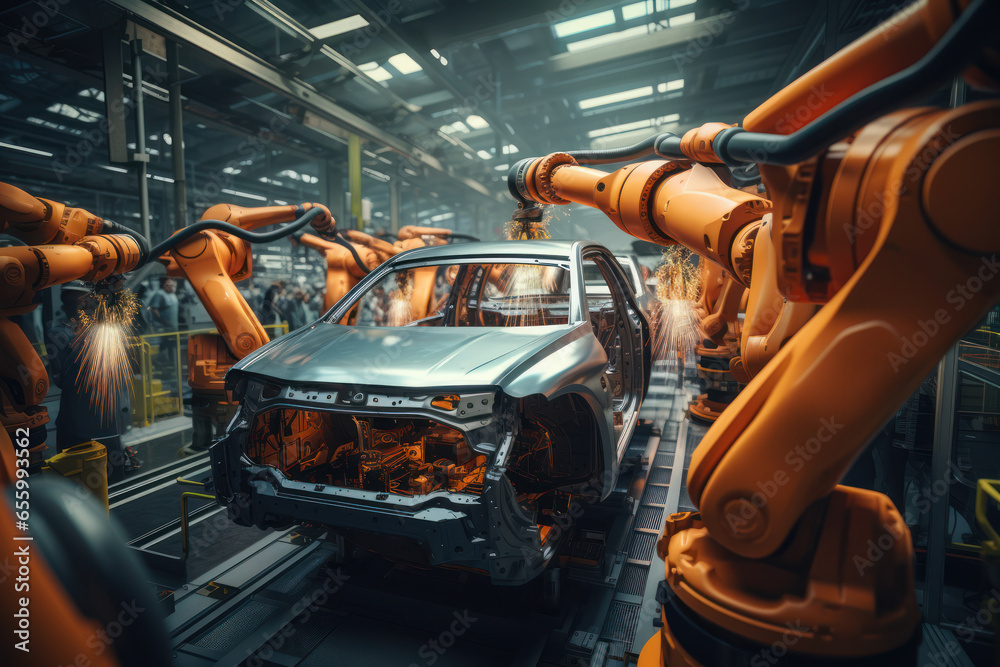 Poster A bustling automotive assembly line with robots and workers assembling cars with precision. Concept of automotive manufacturing. Generative Ai.