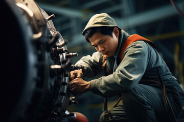 Fototapeta na wymiar Young Asian worker in an airplane factory