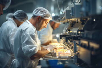 Workers in a bustling food processing plant, packaging and labeling products for distribution. Concept of food industry. Generative Ai.