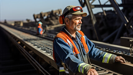 portrait of Continuous Mining Machine Operator. Operate self-propelled mining machines that rip coal, metal & nonmetal ores, rock, stone, or sand from the face and load it onto conveyors, shuttle cars - obrazy, fototapety, plakaty