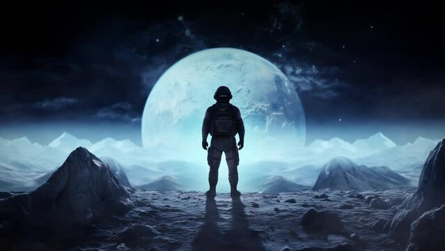 Animation of an Astronaut silhouette in a space suit and helmet standing on the edge of a rocky landscape terrain on a planet with hazy mist and smoke. A large moon planet in view as the camera zooms 