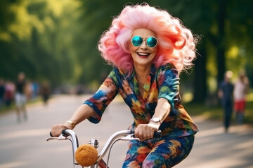 old woman with pink hair happy on a futuristic bike in the park