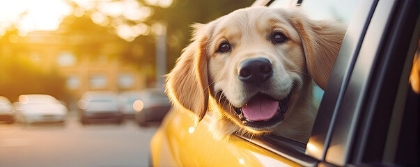 Cute dog looking from car window. Dog travel by car