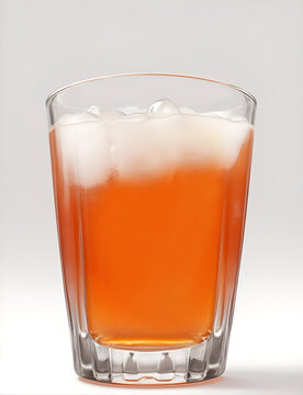 Un vaso de cristal con un refresco con hielo sobre un fondo gris claro. Vista de frente y de cerca. Formato vertical. IA Generativa
