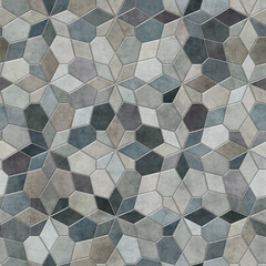 Geometric design tiled flooring with multicolored hexagons and rhombuses tiles in shades of blue, grey, and brown. Seamless repeating pattern. Great as a background or texture.