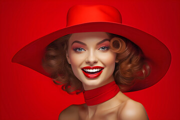 Happy beautiful young woman in an oversized red hat against a red background.