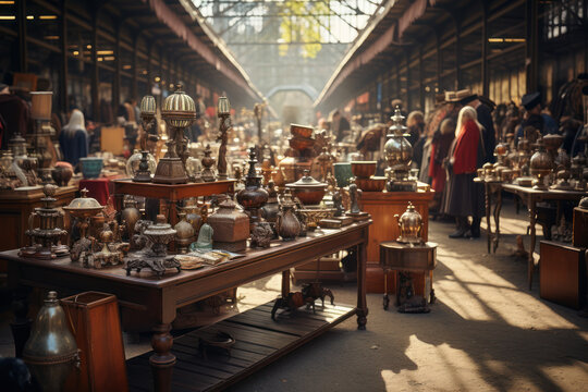 An antique market bustling with shoppers seeking rare finds. Concept of vintage treasures. Generative Ai.