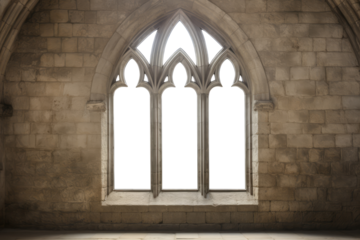 Gothic arch stone medieval window. Brick, stone wall. Isolated transparent background. Church, cathedral window. 