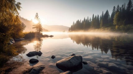 Free Photo of A breathtaking sunrise over a serene mountain lake, with mist rising from the water, pine trees on the shore - obrazy, fototapety, plakaty