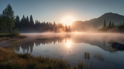 Fototapeta na wymiar Free Photo of A breathtaking sunrise over a serene mountain lake, with mist rising from the water, pine trees on the shore