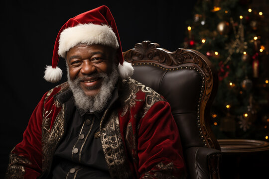 Black Santa Claus sitting in his chair on a black background, quality photography, image sharp/in-focus image, shot with a Canon EOS 5D Mark IV DSLR camera.  with an EF 80mm f/25 STM lens