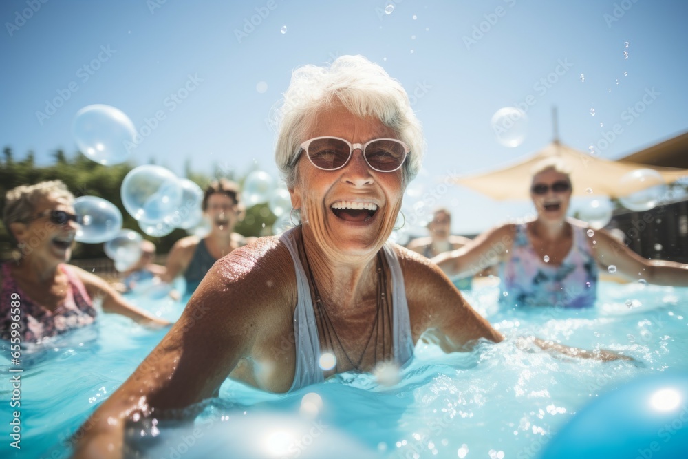 Sticker Happy woman in the pool during group classes. Aqua fit concept. Portrait with selective focus