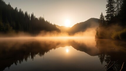 Fototapeta premium Free Photo of A breathtaking sunrise over a serene mountain lake, with mist rising from the water, pine trees on the shore