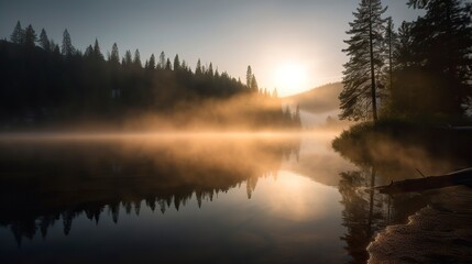 Fototapeta na wymiar Free Photo of A breathtaking sunrise over a serene mountain lake, with mist rising from the water, pine trees on the shore