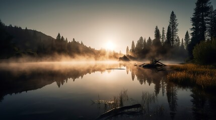Fototapeta premium Free Photo of A breathtaking sunrise over a serene mountain lake, with mist rising from the water, pine trees on the shore