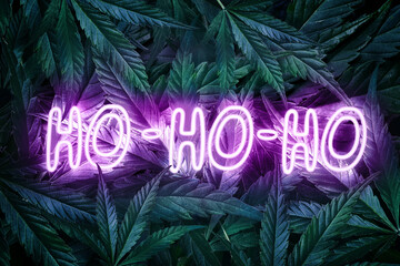 New Year green background made of cannabis leaves with neon text ho-ho-ho