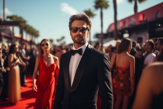 A man on the red carpet. Portrait with selective focus and copy space