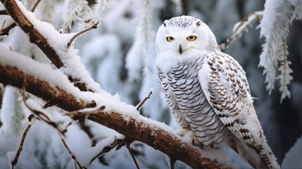 A stunning snowy owl, its white plumage contrasting beautifully with the winter landscape..