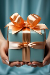 Closeup of the female hands holding gift box
