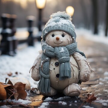 Cute and adorable snowman with smiling face, in snowy winter celebration atmosphere, great to use for winter, snow, blog, advertising, company, decoration and inspiration. Generative Ai images