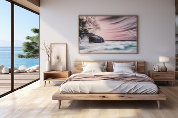 modern luxury scandinavian bedroom with light natural materials with modern art on the walls