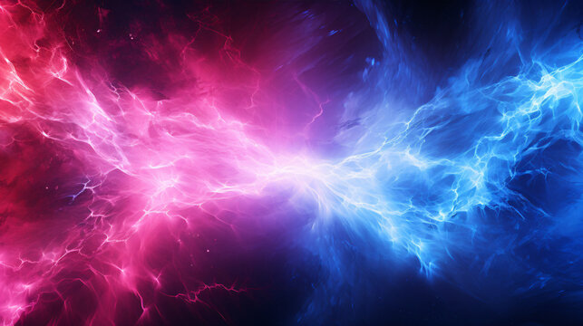 A visual abstraction of electric lightning in blue and pink, evoking thoughts of battle and confrontation. Versus screen..